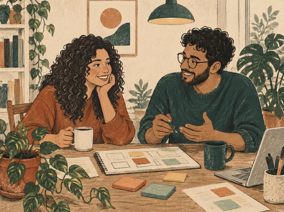 Illustration of two people talking over a notebook and sticky notes at a warm wooden table.