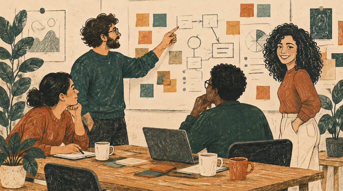 Illustration of a small team gathered around a wall of sticky notes and simple flow diagrams.