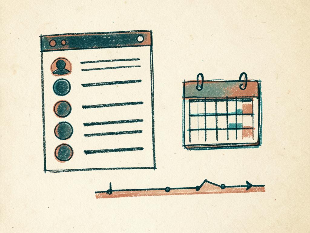 Hand-drawn illustration of a client record list beside a calendar and a simple timeline.