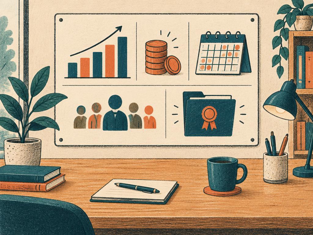 Hand-drawn illustration of an executive dashboard with charts, a team calendar and finance folders.