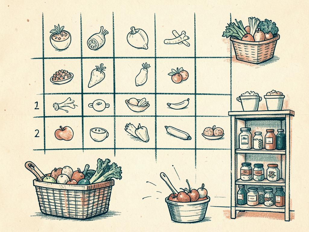 Hand-drawn illustration of a weekly meal grid with a grocery basket and a pantry shelf.