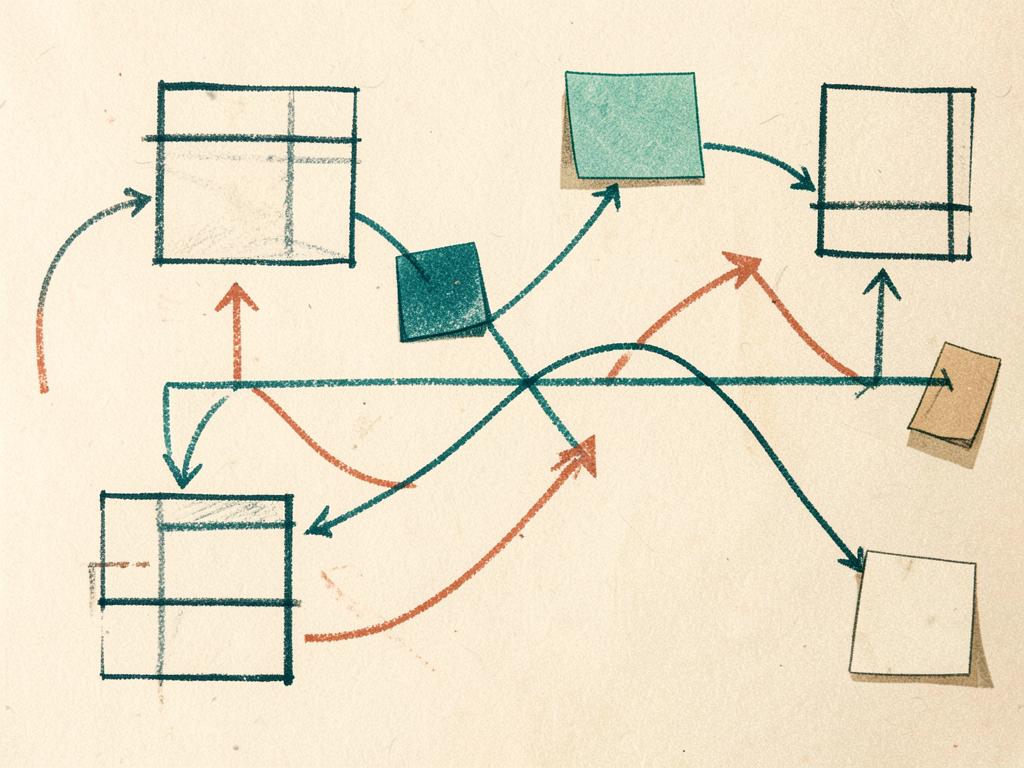 Hand-drawn illustration of boxes, notes and arrows forming a process map.