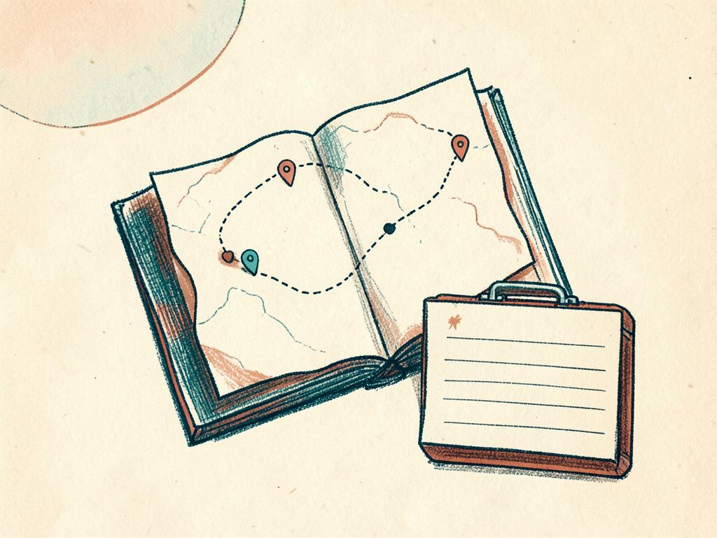 Hand-drawn illustration of a folded map with a dotted route, location pins and a suitcase.