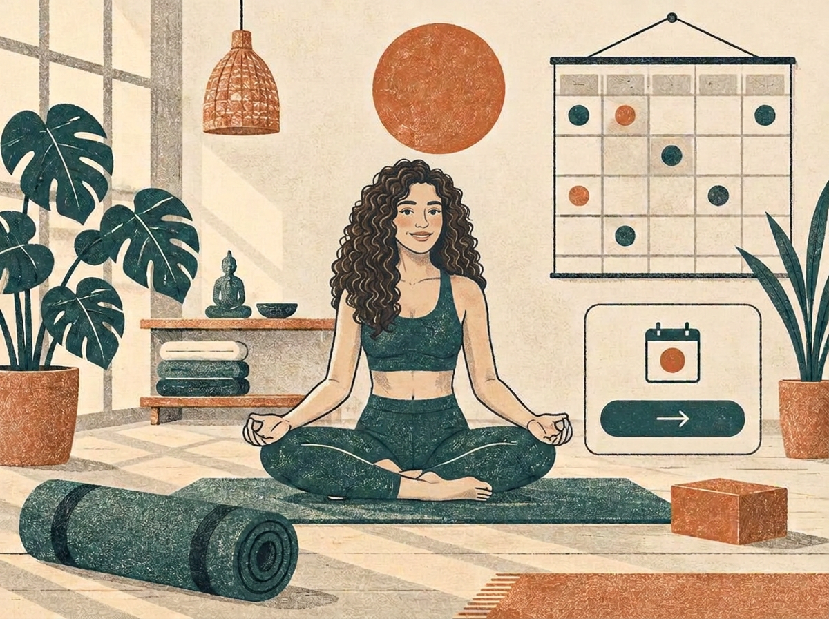 Hand-drawn illustration of a calm yoga studio with a rolled mat, a class schedule and a booking panel.